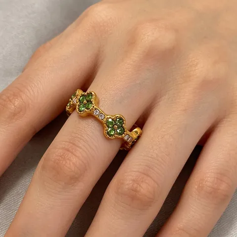 Anello Quadrifoglio Acciaio Inossidabile Placcato Oro 18K Con Strass E Perla Artificial Sintetica Gioielli Eleganti Per Donna