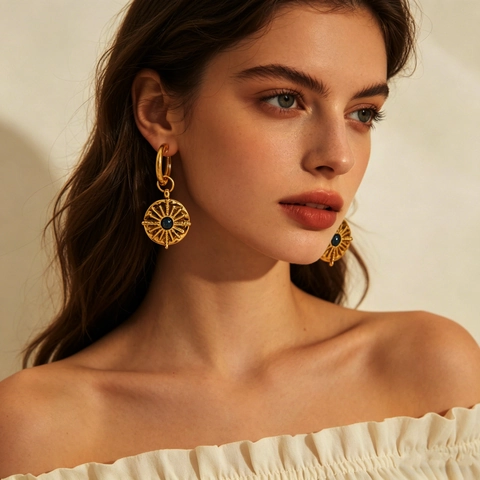 Edelstahl Creolen 18K Gold Beschichtet Sonnenanhänger Blauer Zirkonia Geometrische Scheibe Retro Bohème Schmuck Für Frauen