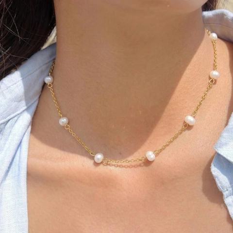 Set Gioielli Perle Acqua Dolce Minimalista Acciaio Inossidabile Placcato Oro 18K Collana E Bracciale Da Donna Ipoallergenico