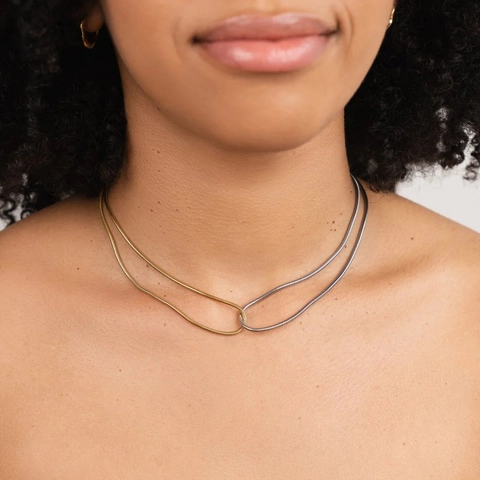 Stainless Steel Two Tone Gold Silver Snake Bone Chain Necklace And Bracelet Interlocking Double Ring Minimalist For Women