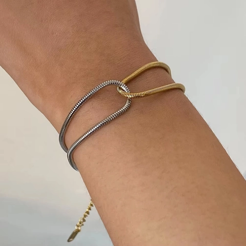 Stainless Steel Two Tone Gold Silver Snake Bone Chain Necklace And Bracelet Interlocking Double Ring Minimalist For Women