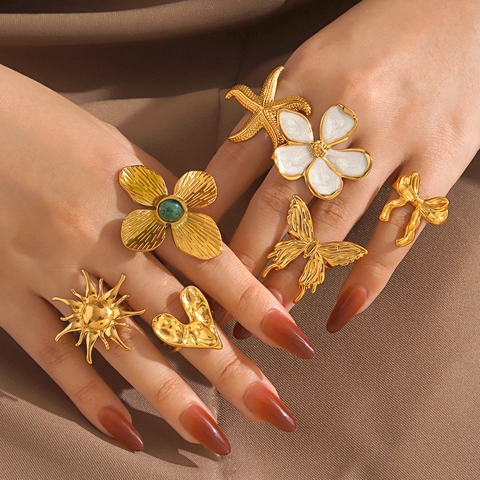 Vintage Stainless Steel Rings For Women Gold Plated Heart Flower Butterfly Starfish Sun Bow Enamel Aesthetic Jewelry