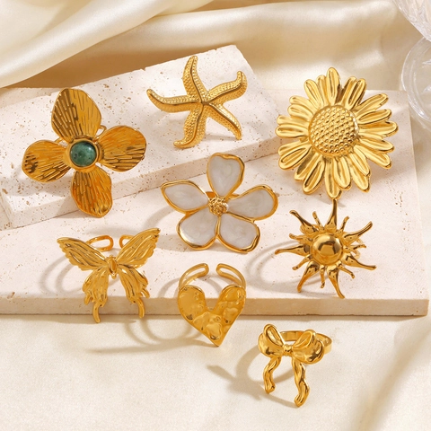 Vintage Stainless Steel Rings For Women Gold Plated Heart Flower Butterfly Starfish Sun Bow Enamel Aesthetic Jewelry