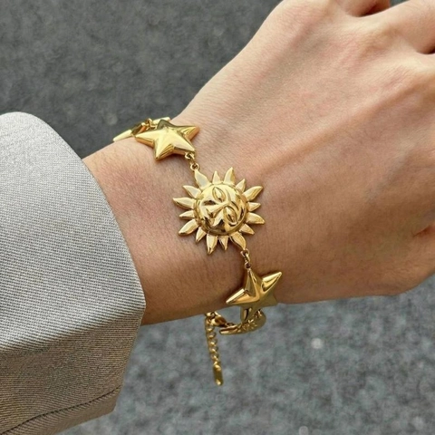 Pulsera De Dijes De Sol Luna Estrella De Acero Inoxidable Chapada En Oro Joyería Celestial Impermeable Para Mujer Ajustable