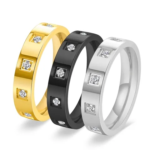 Elegante Anello in Acciaio al Titanio con Zirconia a Griglia per Donna Placcato Oro 18K Minimalista Quadrato Geometrico Gioielli da Dito