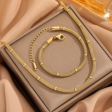 Minimalistische Gold Edelstahl Maschengewebe Halskette Und Armband Kombination Mode Vintage Perlen Schmuck Damen Alltag Party