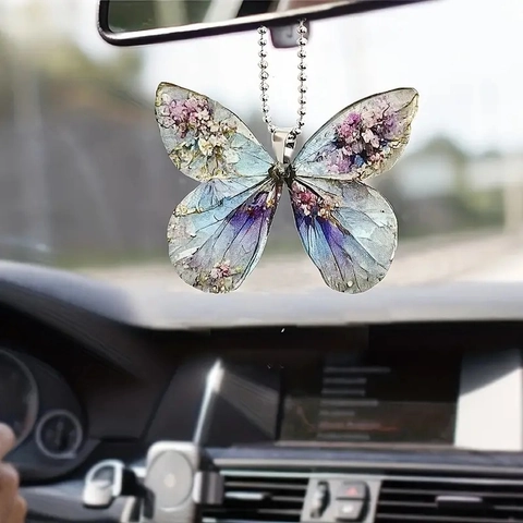 Colorful Acrylic Butterfly Car Hanging Ornament Artistic Floral Faith Cross Pendant With Metal Chain For Interior Decor Gift