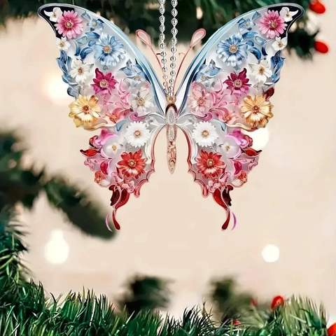 Crystal Look Acrylic Butterfly Car Hanging Ornament Aesthetic Gradient Butterfly Pendant With Metal Ball Chain For Rear View Mirror Home Decor Gift