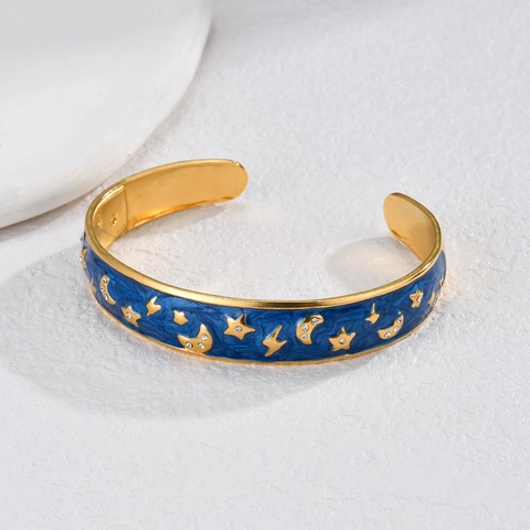 Stainless Steel Cuff Bracelet 18K Gold Plated Enamel Star Moon Lightning Inlaid Cubic Zirconia Open Adjustable Women