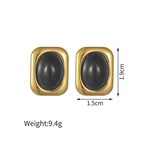 Geometric Square Stud Earrings Stainless Steel Gold Plated Oval Black Stone Vintage Niche Design For Women