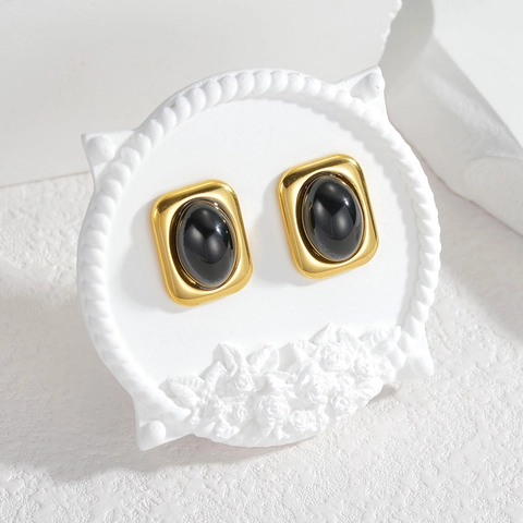 Geometric Square Stud Earrings Stainless Steel Gold Plated Oval Black Stone Vintage Niche Design For Women