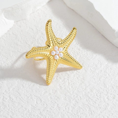 Seestern Ring Edelstahl Vergoldet Weiße Künstliche Perlen Verstellbares Offenes Design Minimalistischer Modeschmuck Damen Fingerring
