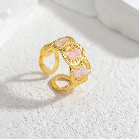 Anello Aperto In Acciaio Inossidabile Placcato Oro Perline Rosa Geometrico Incrociato Maglia Di Catena Regolabile Gioielli Donna