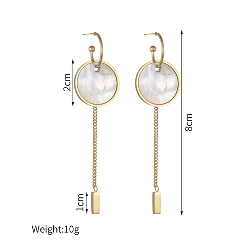 Stainless Steel Long Tassel Dangle Earrings With Round White Mother Of Artificial Pearl Shell Inlay Geometric Fashion Jewelry For Women