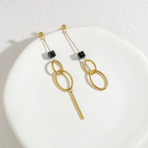 Boucles D'oreilles Pendantes Longues Asymétriques Acier Inoxydable Plaque Or Cube Noir Anneaux Ovales Géométriques Bijoux Minimalistes Femme