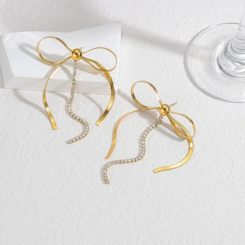 Pendientes De Lazo Con Borlas De Acero Inoxidable Chapado En Oro Con Diamantes De Imitación Joyería Elegante Mujer