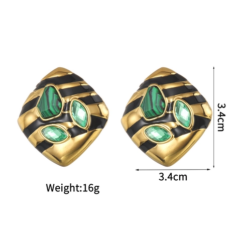 Vintage Geometric Square Stud Earrings Stainless Steel With Green Malachite Texture And Crystal Enamel Design For Women