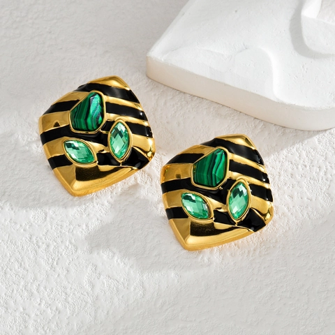 Vintage Geometric Square Stud Earrings Stainless Steel With Green Malachite Texture And Crystal Enamel Design For Women
