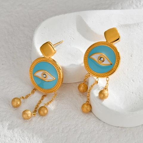 Evil Eye Ohrstecker Edelstahl Vergoldet Emaille Rhinestone Geometrisch Rund Quaste Kette Mattierte Perlen Für Damen