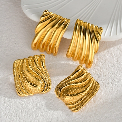 Irregular Square Stud Earrings For Women Stainless Steel Gold Plated Wavy Wrinkled Texture Vintage Niche Design Hypoallergenic