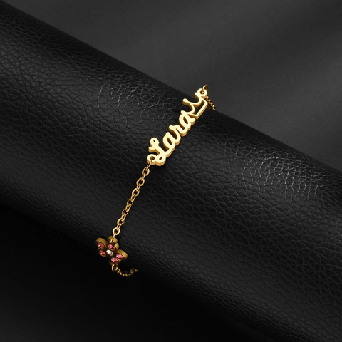 Pulsera De Placa Con Nombre De Acero Inoxidable Con Corona Y Dije De Flor De Circonia Joyería Para Mujer
