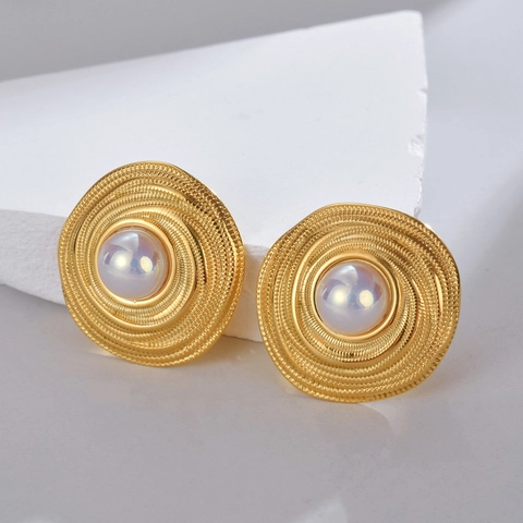 Vintage Spiral Textur Ohrstecker Edelstahl Mit Vergoldung Und Künstlicher Künstliche Perle Geometrischer Schmuck Für Damen