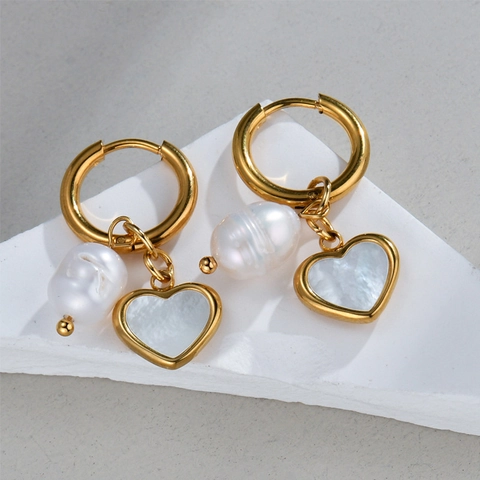 Pendientes De Aro De Acero Inoxidable Oro 18K Perla Barroca Artificial Colgante Corazón Nácar Estilo Vintage Francés Mujeres