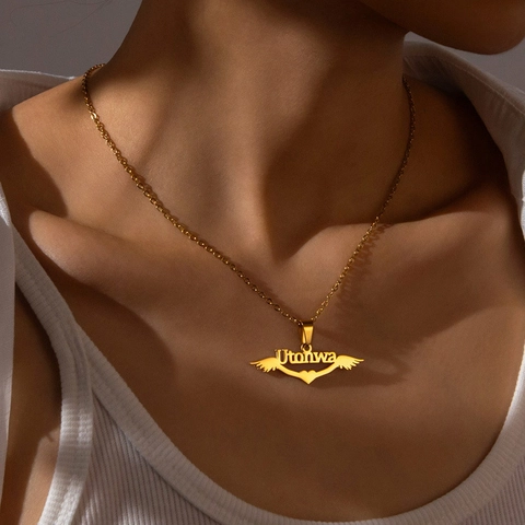 Collar Con Colgante De Corazón Alas De Ángel Alfabeto Acero Inoxidable Cadena Clavícula Joyería Moda Mujeres