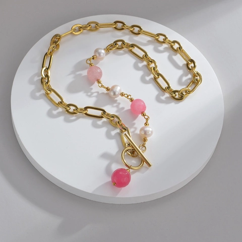 Collier Künstliche Perle Pierre Rose Acier Inoxydable Plaqué Or Chaîne Trombone Fermoir Toggle Rétro Français Élégant Bijoux Femmes