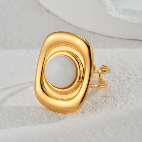 Vintage Geometric Rectangular Open Ring Stainless Steel Gold Plated With White Stone Adjustable Fashion Jewelry For Women