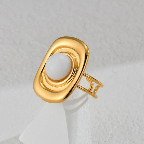 Vintage Geometric Rectangular Open Ring Stainless Steel Gold Plated With White Stone Adjustable Fashion Jewelry For Women