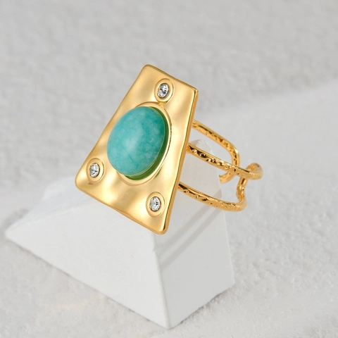 Vintage French Style Gold Plated Stainless Steel Geometric Trapezoid Open Ring Hammered Texture Zirconia Earrings Set For Women