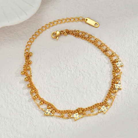 Bracelet À Plusieurs Rangs Acier Inoxydable Plaqué Or 18K Breloques Éclair Strass Bijoux Minimalistes Pour Femmes