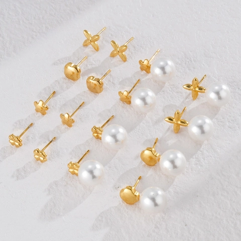 Stainless Steel Stud Earrings Gold Plated Flower Four Leaf Clover Artificial Pearl Drop French Vintage Minimalist Jewelry For Women