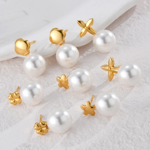 Stainless Steel Stud Earrings Gold Plated Flower Four Leaf Clover Artificial Pearl Drop French Vintage Minimalist Jewelry For Women