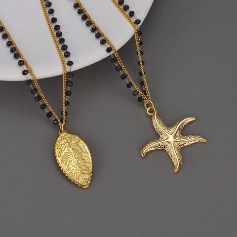 Collana A Doppio Strato Acciaio Inossidabile Placcato Oro 18K Perla Nera Pendente Stella Marina Foglia Per Donna