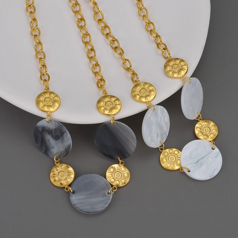 Round Pendant Necklace And Bracelet Stainless Steel Gold Plated Sunray Engraved Marble Texture Boho Jewelry For Women