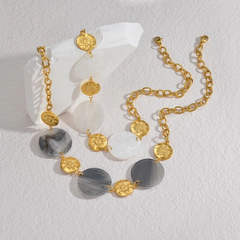 Round Pendant Necklace And Bracelet Stainless Steel Gold Plated Sunray Engraved Marble Texture Boho Jewelry For Women