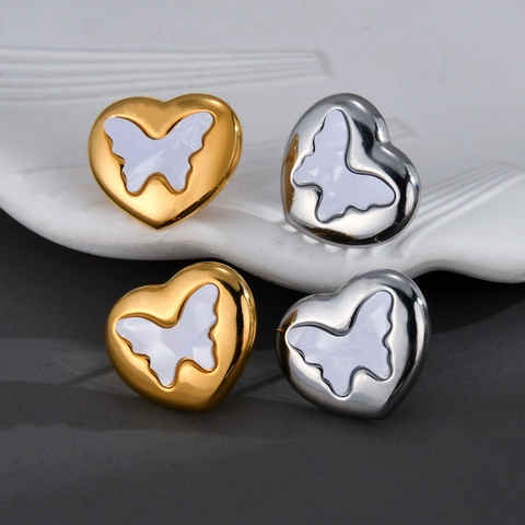 Pendientes De Botón Corazón Mariposa Acero Inoxidable Con Incrustación Concha Blanca Joyería Para Mujeres