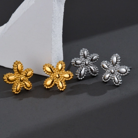 Pendientes De Botón De Flor Acero Inoxidable Borde Milgrain Perlado Cinco Pétalos Minimalista Elegante Para Mujer