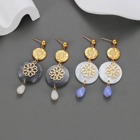 Französische Retro Barock Blumen Tropfenohrringe Edelstahl Ohrstecker Vergoldet Marmortextur Tränenperle Damen