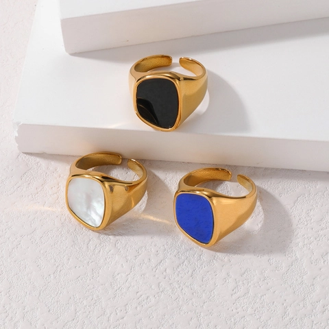 French Ins Style Stainless Steel Ring 18K Gold Plated Adjustable Open Finger Ring Mother Of Artificial Pearl Shell Geometric For Women