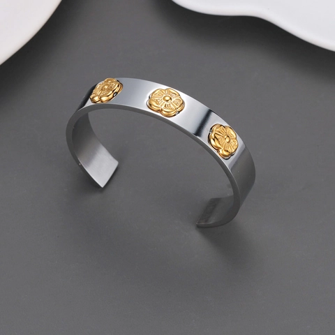 Roestvrijstalen C-Vormige Manchetarmband 18 Karaat Vergulde Bloemen Vintage Minimalistische Open Armband Sieraden