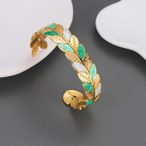 Blatt Armreif Edelstahl 18K Gold Beschichtet Emaille Inlay Natürlicher Stil Verstellbarer Offener Armreif Damen