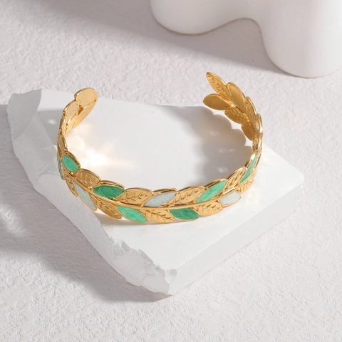 Blatt Armreif Edelstahl 18K Gold Beschichtet Emaille Inlay Natürlicher Stil Verstellbarer Offener Armreif Damen