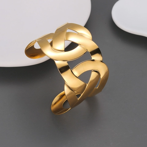 Hollow Cross Twist Open Cuff Bangle For Women Stainless Steel Wide Line Statement Jewelry Minimalist Gold Plated