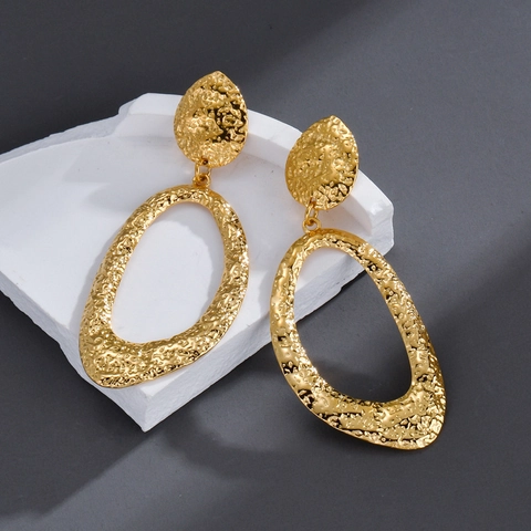 Irregular Geometric Dangle Earrings Stainless Steel Hammered Texture Hollow Oval Gold Plated Boutique Jewelry For Women