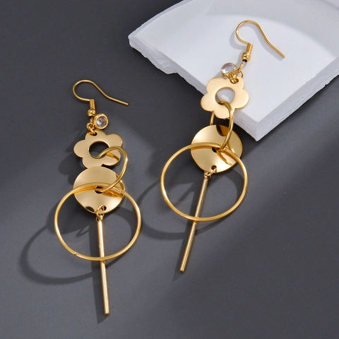 Geometrische Bloem Lange Hangende Oorbellen Roestvrij Staal Verguld Ring En Staaf Voor Vrouwen Heldere Zirconia Accessoire