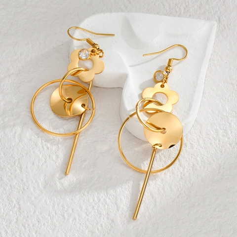 Geometrische Bloem Lange Hangende Oorbellen Roestvrij Staal Verguld Ring En Staaf Voor Vrouwen Heldere Zirconia Accessoire