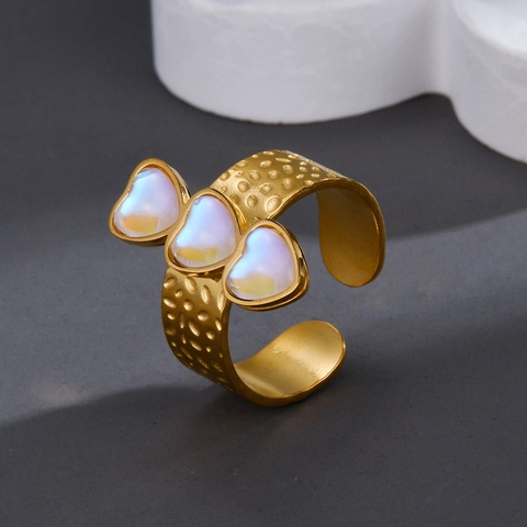 Stainless Steel Heart Open Ring Adjustable Hammered Texture Inlaid Iridescent Stones Trendy Jewelry For Women